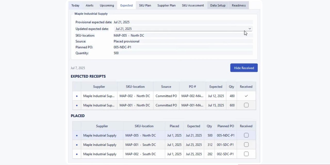 Expected receipt tracking view